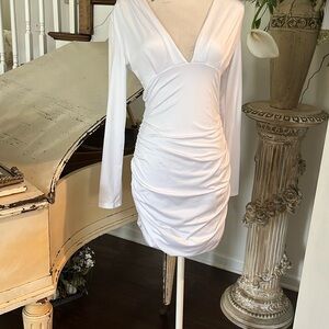 Chic White Long Sleeve Ruched Dress